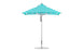 The Premier Aluminum Umbrella by Ledge Lounger features a turquoise and white striped design with marine-grade fabrics, set on a pointed aluminum pole and circular base. Its wind-resistant structure ensures stability when fully open, highlighting its symmetrical appeal.