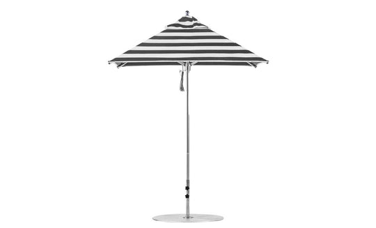 The Ledge Lounger Premier Aluminum Umbrella - 6.5 Square Pulley, a wind-resistant outdoor accessory, features a sleek black-and-white striped canopy made from marine-grade fabrics and an aluminum pole. Its round base makes it perfect for providing shade in any patio or garden setting.