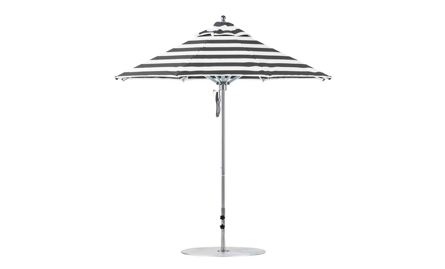The Ledge Lounger Premier Aluminum Umbrella - 7.5 Octagon Pulley boasts a black and white striped marine-grade fabric canopy, supported by a metal pole with a round base. Its wind resistance is showcased as it stands open against a plain white backdrop, offering expansive coverage.