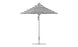 The Ledge Lounger Premier Aluminum Umbrella - 7.5 Octagon Pulley boasts a black and white striped marine-grade fabric canopy, supported by a metal pole with a round base. Its wind resistance is showcased as it stands open against a plain white backdrop, offering expansive coverage.