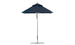 The Premier Aluminum Umbrella - 6.5 Square Pulley by Ledge Lounger is a sleek, dark blue design featuring a wind-resistant metal stand and circular base. Displayed against a white background, its wide canopy is crafted from marine-grade fabrics with a simple, modern aesthetic.