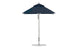 The Premier Aluminum Umbrella - 6.5 Square Pulley by Ledge Lounger is a sleek, dark blue design featuring a wind-resistant metal stand and circular base. Displayed against a white background, its wide canopy is crafted from marine-grade fabrics with a simple, modern aesthetic.