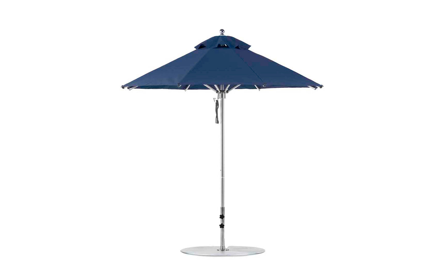 The Ledge Lounger Premier Aluminum Umbrella - 7.5 Octagon Pulley in blue features a wind-resistant top vent and rests on a sleek silver metal pole with a round base, crafted from marine-grade fabrics ideal for outdoors.