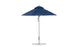 The Ledge Lounger Premier Aluminum Umbrella - 7.5 Octagon Pulley in blue features a wind-resistant top vent and rests on a sleek silver metal pole with a round base, crafted from marine-grade fabrics ideal for outdoors.
