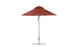 The Ledge Lounger Premier Aluminum Umbrella - 7.5 Octagon Pulley includes a wind-resistant, red patio canopy with a central metal pole on a flat, circular base. Made from marine-grade fabrics, it features a small vented top and crank mechanism for easy operation.