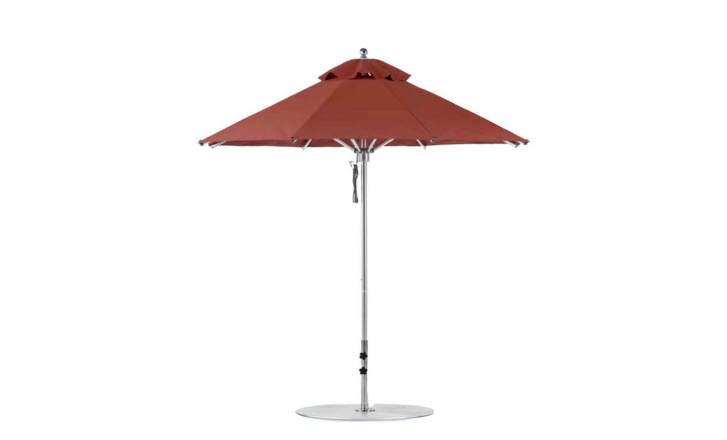 The Ledge Lounger Premier Aluminum Umbrella - 7.5 Octagon Pulley features a dual canopy of marine-grade fabrics, perfect for outdoor in-pool and on-deck use. Its sleek silver pole stands on a round base, with a top vent for wind resistance.