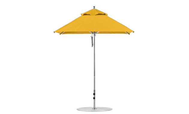 The Premier Aluminum Umbrella - 6.5 Square Pulley by Ledge Lounger features a yellow canopy with marine-grade fabrics, a silver pole, and a round base, standing against a plain white background.
