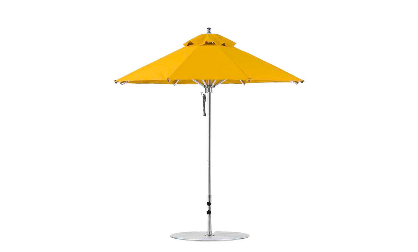 The Ledge Lounger Premier Aluminum Umbrella - 7.5 Octagon Pulley, in bright yellow, features a metal pole and circular base designed for outdoor use. It stands against a plain white background with marine-grade fabric, a classic wide-dome shape, and a peak vent for wind resistance.