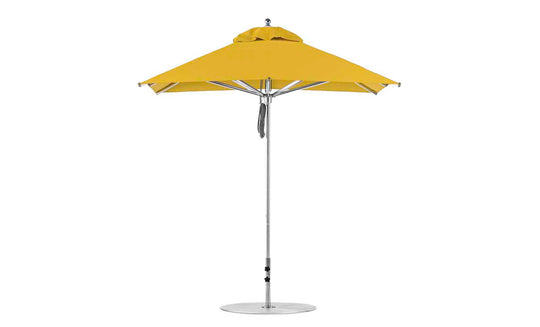 The Ledge Lounger Premier Aluminum Umbrella - 7.5 Square Pulley showcases a triangular shade with marine-grade fabrics, a small top vent, and a hanging strap in the middle. It features a yellow canopy, silver pole, and round base against a plain white background.