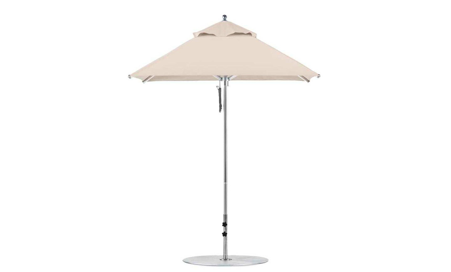 The Ledge Lounger Premier Aluminum Umbrella features a beige square canopy atop a silver pole with a circular base. Made from marine-grade fabrics, this umbrella includes a pulley system for easy adjustments and offers wind resistance for stability.