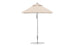The Ledge Lounger Premier Aluminum Umbrella features a beige square canopy atop a silver pole with a circular base. Made from marine-grade fabrics, this umbrella includes a pulley system for easy adjustments and offers wind resistance for stability.