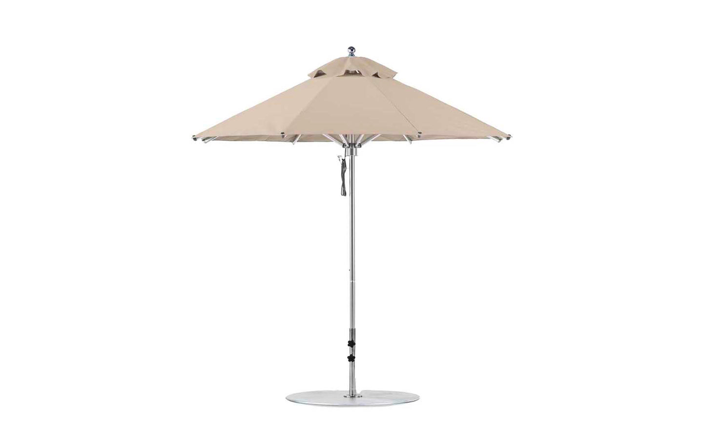 Discover the Ledge Lounger Premier Aluminum Umbrella - 7.5 Octagon Pulley, with a beige canopy and metal pole. It features marine-grade fabrics, a round base, and a vented top for air circulation, creating a wind-resistant design perfect for enhancing your outdoor oasis.