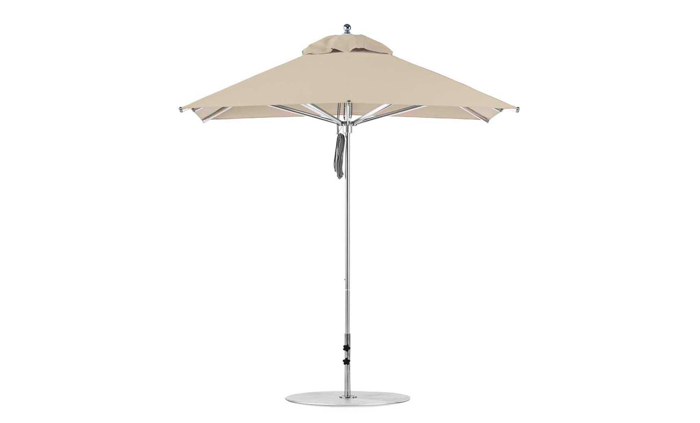 The Ledge Lounger Premier Aluminum Umbrella - 7.5 Square Pulley features a sturdy silver pole with a beige top and round base. Its vented design allows airflow, and its marine-grade fabrics enhance durability, making it wind-resistant and perfect for outdoor use.