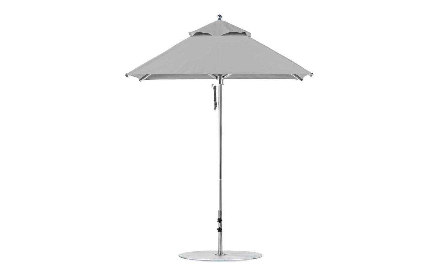 The Premier Aluminum Umbrella by Ledge Lounger is a 6.5 square, grey outdoor patio umbrella with a modern design. Crafted from marine-grade fabrics, it features a collapsible canopy and straight central pole for wind resistance, offering both durability and style.