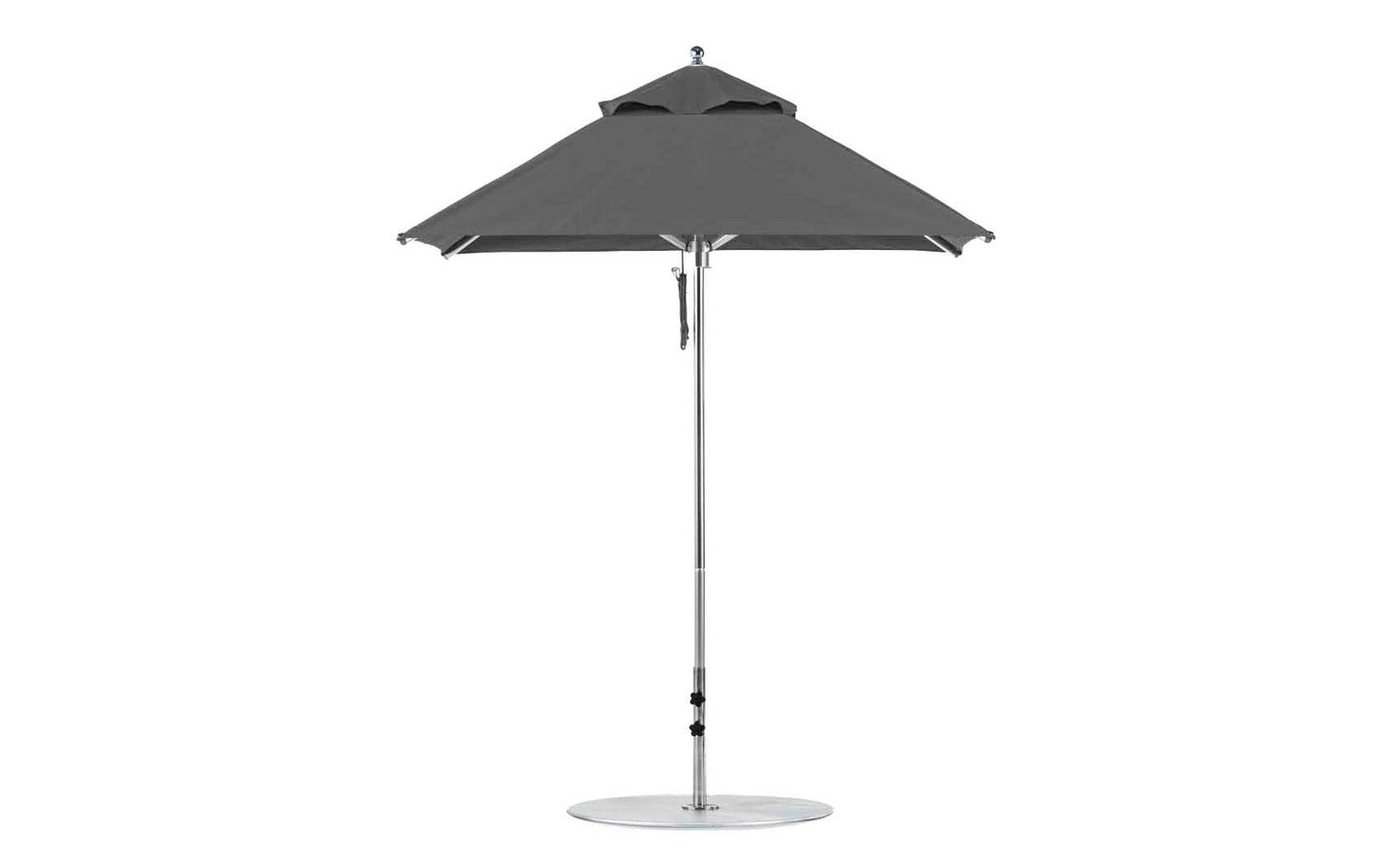 The Ledge Lounger Premier Aluminum Umbrella features a 6.5 square canopy made from marine-grade fabric for durability, mounted on a white pole with a round base. Its height-adjustable design is wind-resistant, ensuring stability and style with its vented top for enhanced airflow.