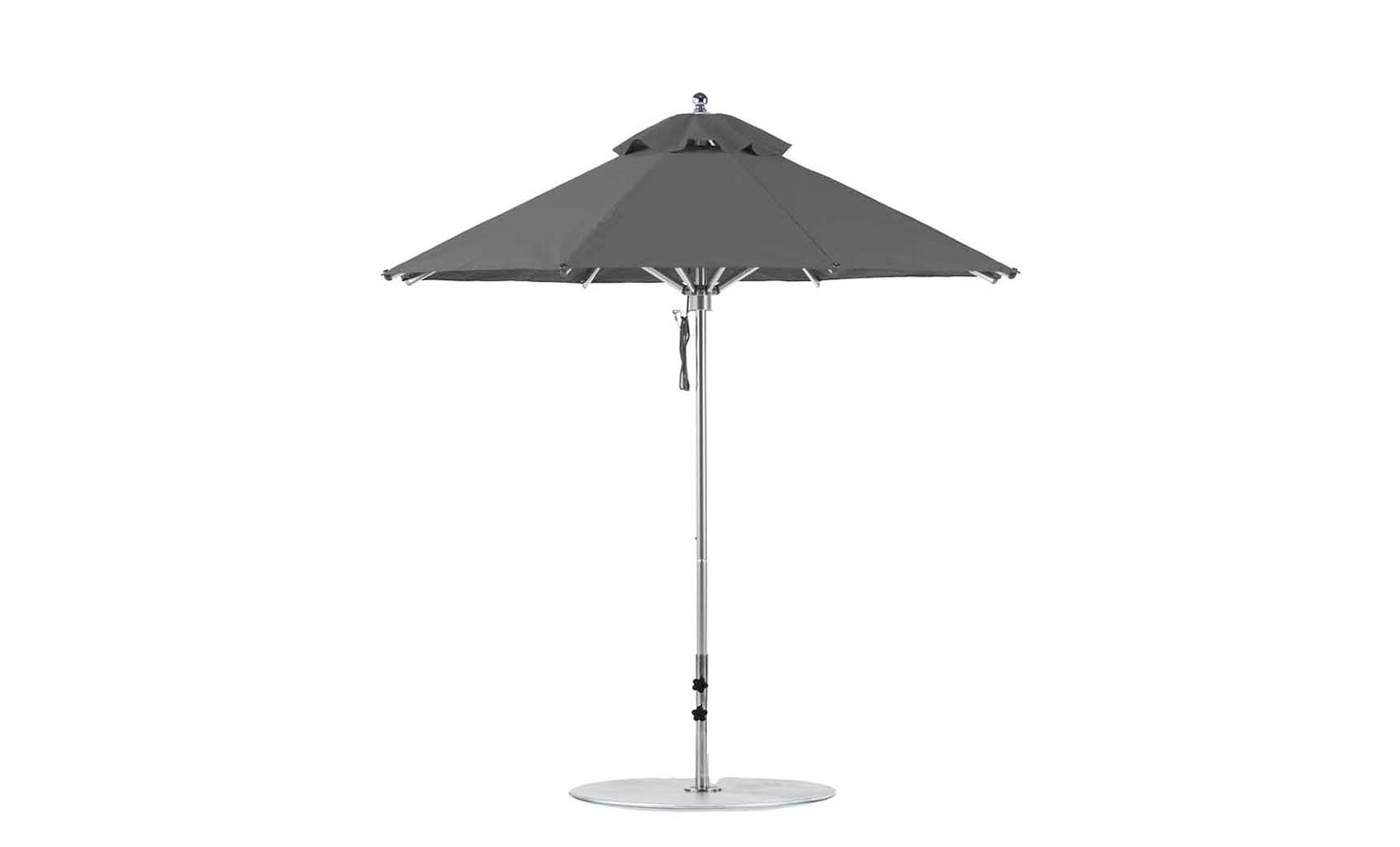 The Ledge Lounger Premier Aluminum Umbrella - 7.5 Octagon Pulley features a gray marine-grade fabric canopy on a strong metal pole with a crank handle and circular base. Wind-resistant, its displayed against a plain white background.