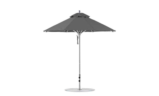 The Ledge Lounger Premier Aluminum Umbrella - 7.5 Octagon Pulley features a gray marine-grade fabric canopy on a strong metal pole with a crank handle and circular base. Wind-resistant, its displayed against a plain white background.