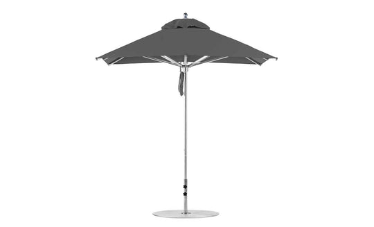 The elegant Premier Aluminum Umbrella - 7.5 Square Pulley by Ledge Lounger features a grey marine-grade fabric canopy, supported by a sleek aluminum pole with a sturdy round base against a pristine white background.
