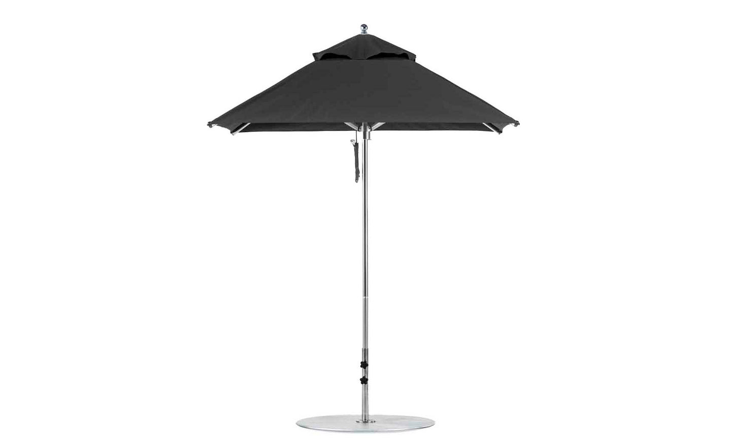 The Premier Aluminum Umbrella by Ledge Lounger, has a 6.5 square canopy crafted from marine-grade fabrics, features a central metal pole and circular base. Wind-resistant, its fully open and showcased against a white background.