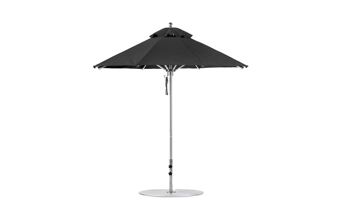The Ledge Lounger Premier Aluminum Umbrella - 7.5 Octagon Pulley features a classic black marine-grade fabric canopy, an adjustable silver pole, and a round base for wind resistance and stability, perfect for enhancing any outdoor space.