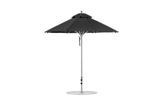 The Ledge Lounger Premier Aluminum Umbrella - 7.5 Octagon Pulley features a classic black marine-grade fabric canopy, an adjustable silver pole, and a round base for wind resistance and stability, perfect for enhancing any outdoor space.