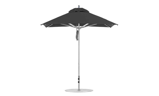 The Premier Aluminum Umbrella - 7.5 Square Pulley by Ledge Lounger features a sleek black design with a sturdy metal pole and round base, crafted from wind-resistant, marine-grade fabrics, enhancing any outdoor space with elegance.
