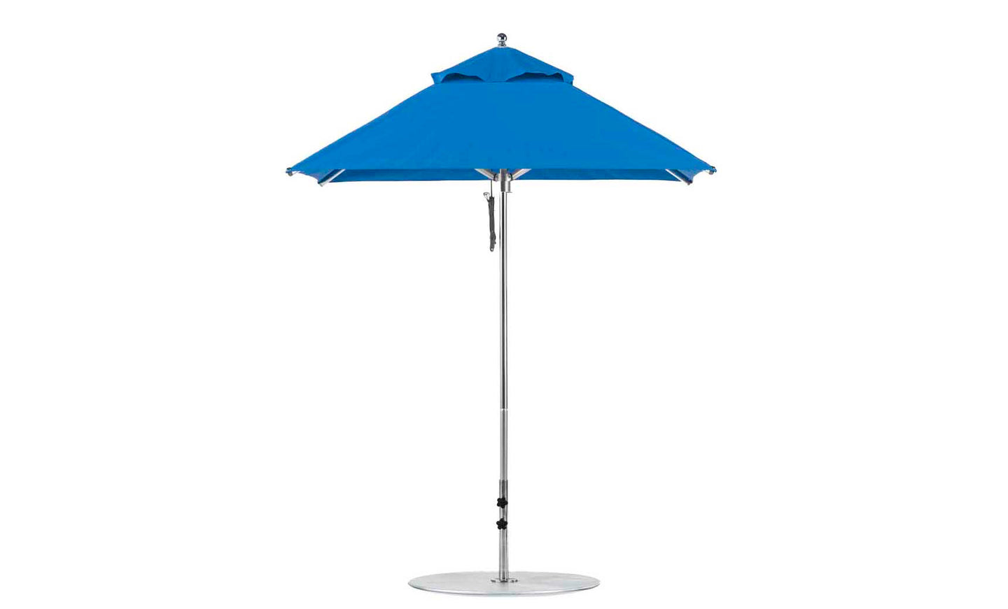 The Ledge Lounger Premier Aluminum Umbrella features a wind-resistant design with marine-grade fabrics, an aluminum pole, and a sturdy round base. The 6.5 square pulley model is fully opened for beach use.