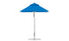 The Ledge Lounger Premier Aluminum Umbrella features a wind-resistant design with marine-grade fabrics, an aluminum pole, and a sturdy round base. The 6.5 square pulley model is fully opened for beach use.