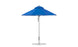 A vibrant blue Ledge Lounger Premier Aluminum Umbrella, boasting a round 7.5 octagon canopy and sleek silver pole on a flat base, is fully open, highlighting its wind-resistant design and marine-grade fabrics for durability and style.