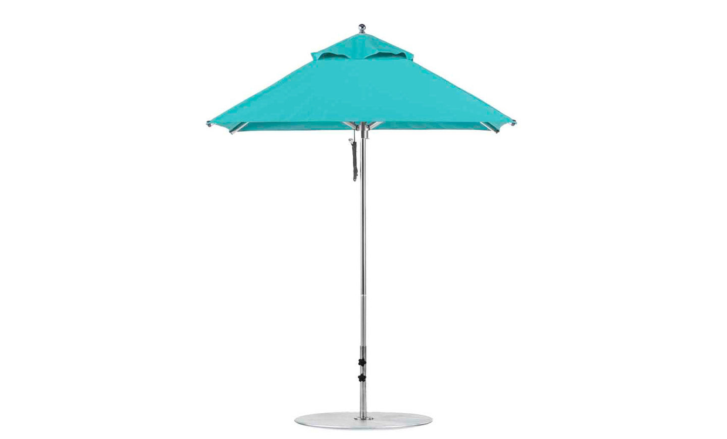 The Ledge Lounger Premier Aluminum Umbrella, featuring a sleek aluminum pole and round silver base, is crafted with marine-grade fabrics for a wind-resistant, durable design. This 6.5 square pulley umbrella has an open flat top, perfect for outdoor use.
