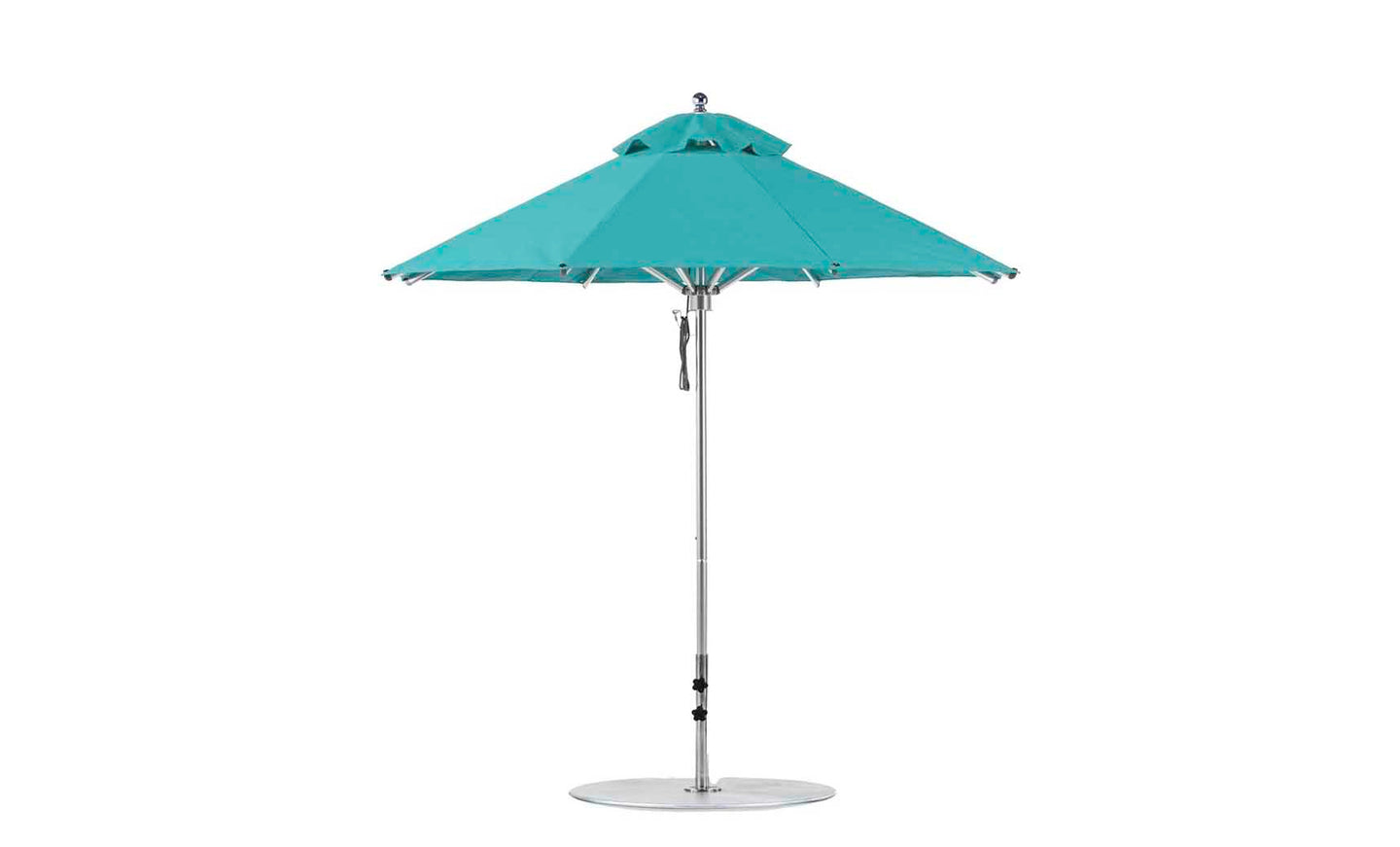 The Ledge Lounger Premier Aluminum Umbrella - 7.5 Octagon Pulley features a turquoise canopy, silver pole, and round base. Made with marine-grade fabrics, it offers a double vented design for superior wind resistance.