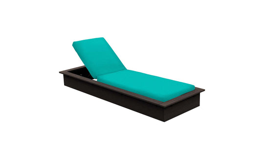 The Echo Chaise by Ledge Lounger, featuring turquoise cushions and an angled backrest on a dark wooden base, is set against a plain white background—ideal for enhancing any outdoor space.