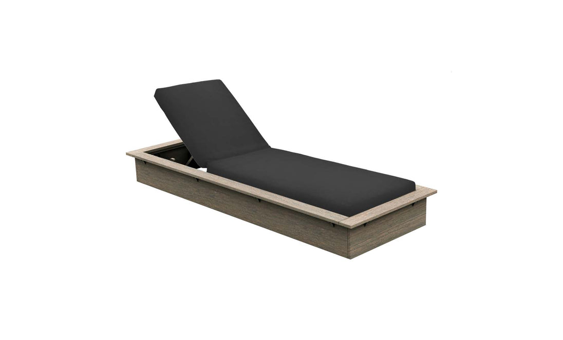 The Echo Chaise by Ledge Lounger is a wood-crafted adjustable chair with a sleek black cushioned seat and customizable backrest. Its simple, modern design makes it perfect for outdoor spaces, offering ultimate relaxation.