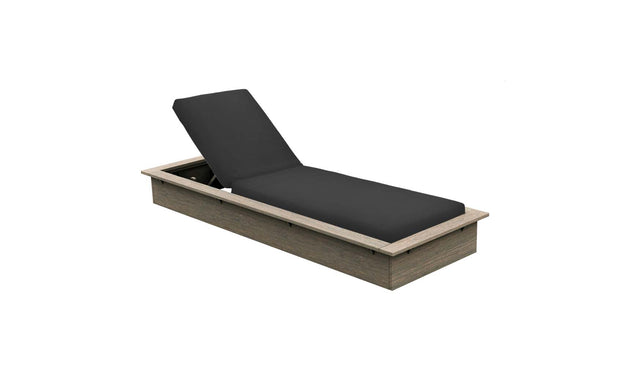 The Echo Chaise by Ledge Lounger is a wood-crafted adjustable chair with a sleek black cushioned seat and customizable backrest. Its simple, modern design makes it perfect for outdoor spaces, offering ultimate relaxation.