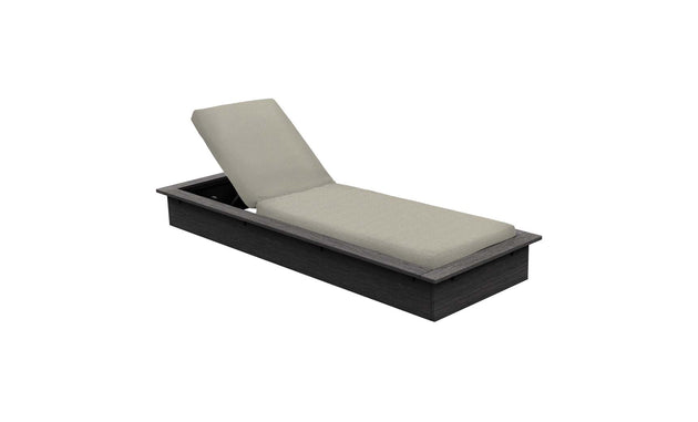 The Echo Chaise by Ledge Lounger is a stylish modern lounger with a dark wooden frame and light cushioned seat. It boasts an adjustable backrest, ideal for enhancing any outdoor space with comfort and elegance.