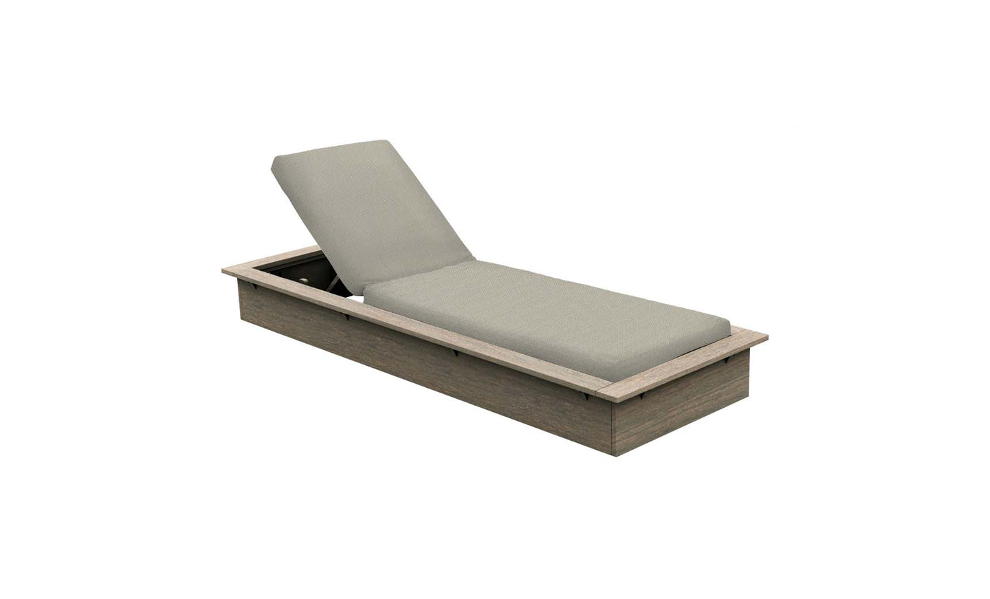 The Echo Chaise by Ledge Lounger features a wooden frame and light gray cushion with an adjustable backrest for ultimate relaxation. Its modern, minimalist design enhances any outdoor space, from patios to poolside areas.