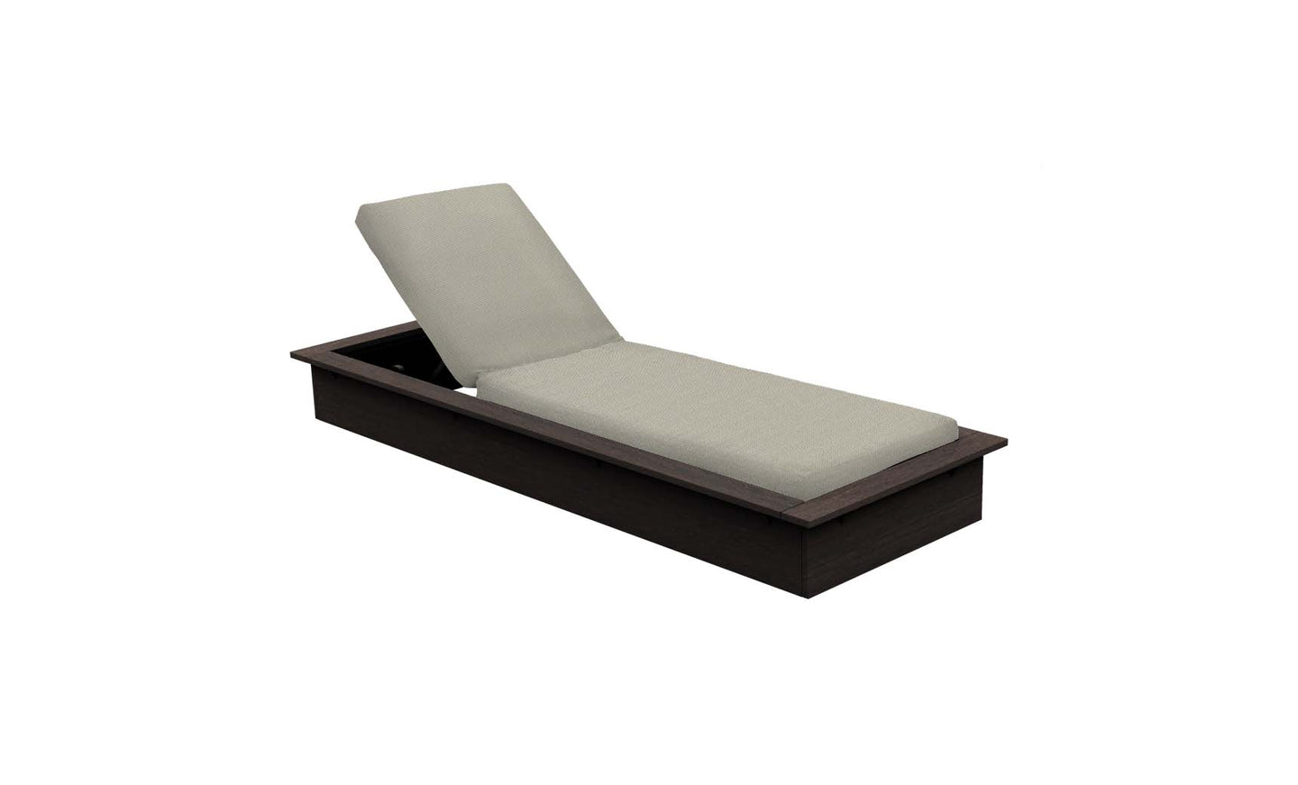 The Echo Chaise by Ledge Lounger features a cushioned recline, dark brown wood frame, and light beige cushion for outdoor comfort. Ideal for relaxation, it stands elegantly against a plain white background.