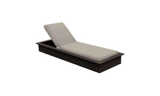 The Echo Chaise by Ledge Lounger features a cushioned recline, dark brown wood frame, and light beige cushion for outdoor comfort. Ideal for relaxation, it stands elegantly against a plain white background.