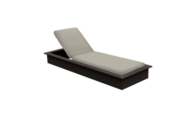 The Echo Chaise by Ledge Lounger features a cushioned recline, dark brown wood frame, and light beige cushion for outdoor comfort. Ideal for relaxation, it stands elegantly against a plain white background.