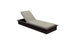 The Echo Chaise by Ledge Lounger features a cushioned recline, dark brown wood frame, and light beige cushion for outdoor comfort. Ideal for relaxation, it stands elegantly against a plain white background.