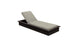 The Echo Chaise by Ledge Lounger features a cushioned recline, dark brown wood frame, and light beige cushion for outdoor comfort. Ideal for relaxation, it stands elegantly against a plain white background.