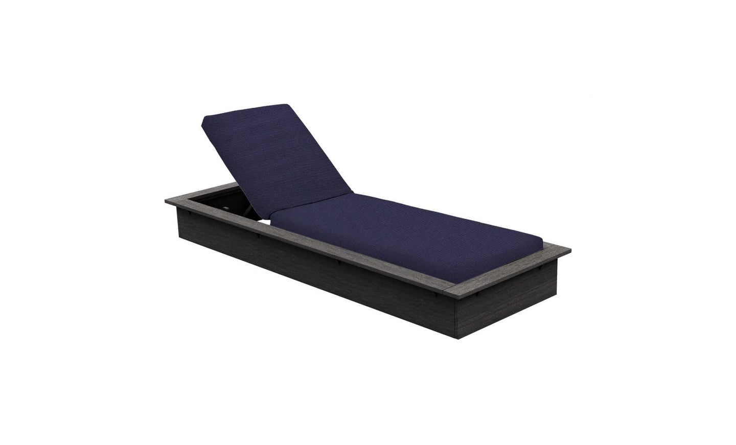 The Echo Chaise by Ledge Lounger features a dark gray frame and navy blue cushion, ideal for outdoor spaces. Its adjustable backrest offers comfortable reclining. The sleek design stands out against a white background.