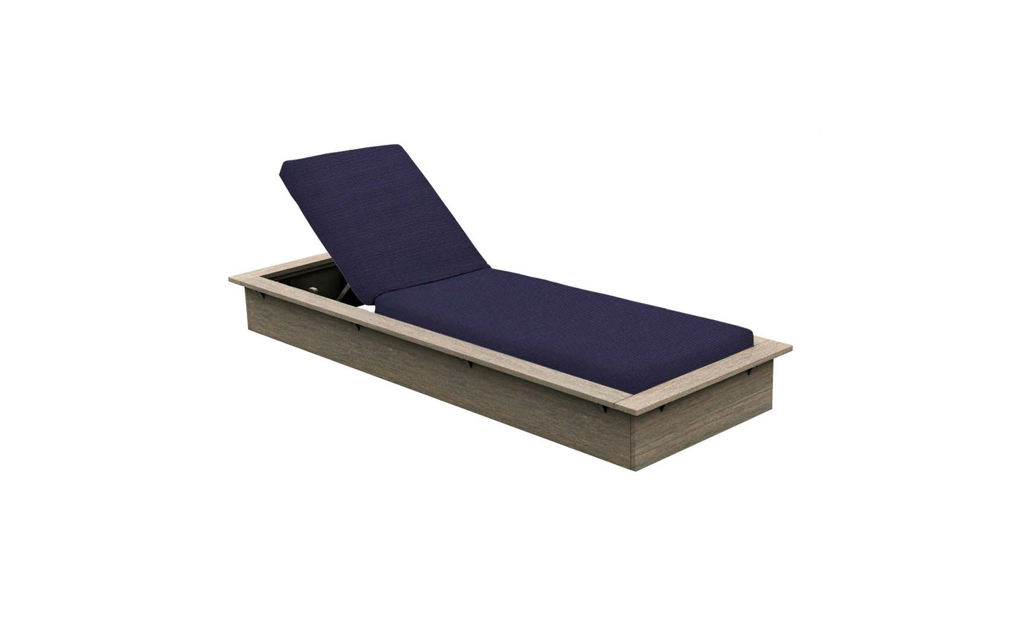 The Echo Chaise by Ledge Lounger is a chic adjustable wooden lounger with a navy blue cushion, highlighted against a white backdrop. Its simple rectangular design includes an elevated backrest for added comfort, making it an ideal addition to any outdoor space.