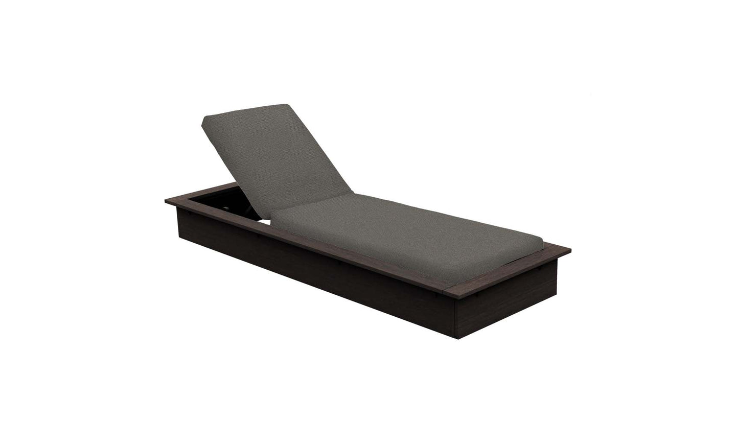 The Echo Chaise by Ledge Lounger is a dark wooden lounger featuring cushions in sleek gray fabric and an adjustable backrest. Its simple, modern design suits any outdoor space, be it poolside or on a patio. The background is plain white.
