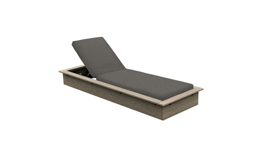 The Echo Chaise by Ledge Lounger is a wooden outdoor lounger featuring a dark gray cushion and an adjustable backrest for varied seating. Its modern design includes clean lines and a rectangular shape, perfect for enhancing your outdoor space.