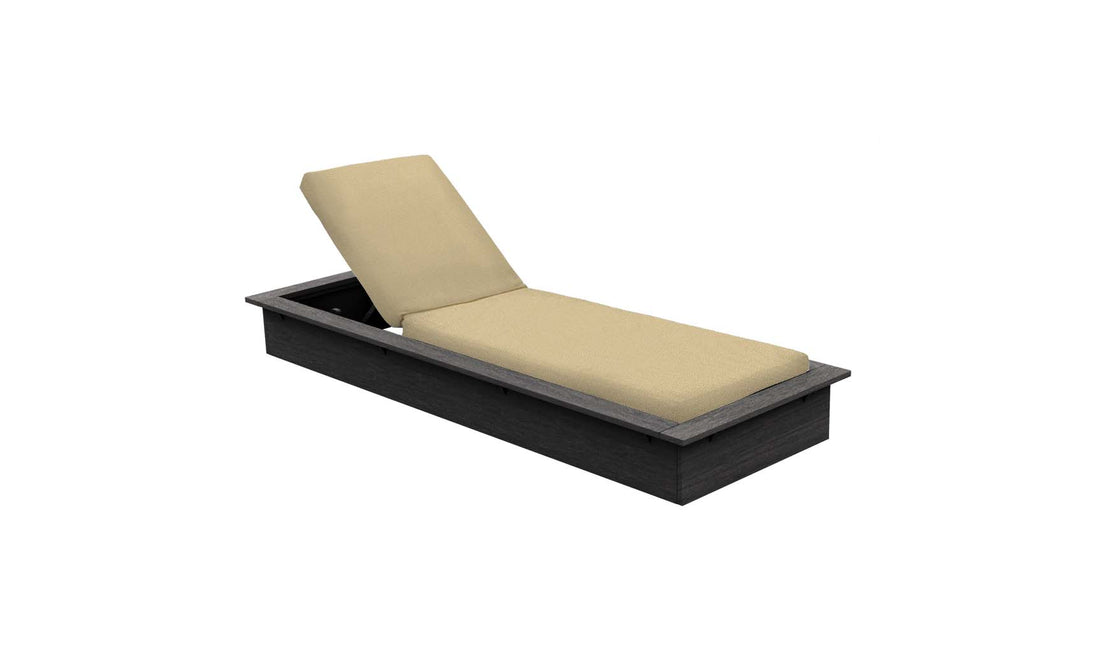 The Echo Chaise by Ledge Lounger features a cushioned beige mattress on a dark wooden frame with an adjustable backrest, perfect for relaxing in outdoor spaces like gardens or patios.