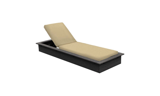 The Echo Chaise by Ledge Lounger features a cushioned beige mattress on a dark wooden frame with an adjustable backrest, perfect for relaxing in outdoor spaces like gardens or patios.