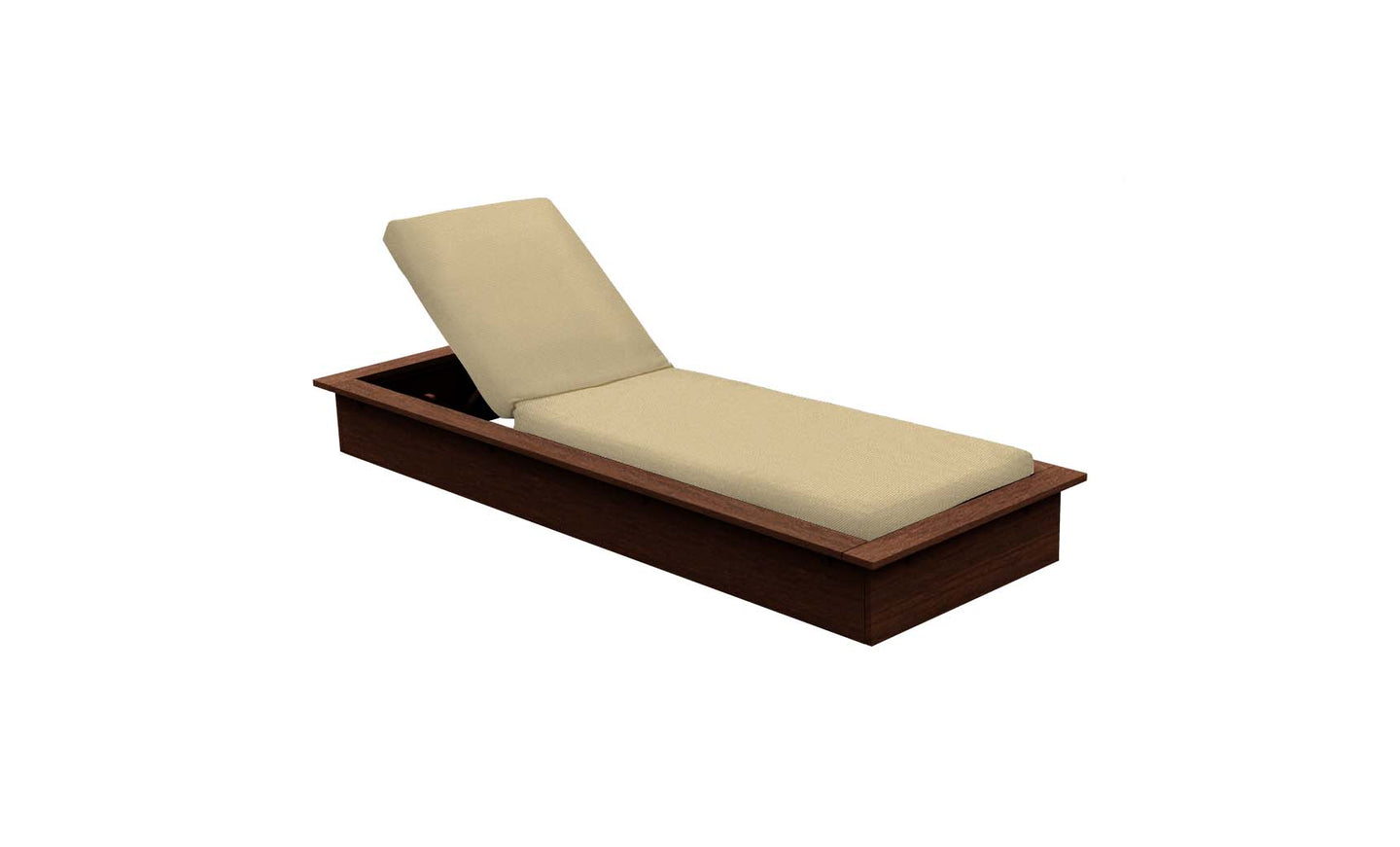The Echo Chaise by Ledge Lounger elevates any outdoor space with its wooden design and beige cushion. Its adjustable backrest is partially raised, showcasing a dark finish for elegance against a white backdrop, offering both comfort and style.