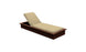 The Echo Chaise by Ledge Lounger elevates any outdoor space with its wooden design and beige cushion. Its adjustable backrest is partially raised, showcasing a dark finish for elegance against a white backdrop, offering both comfort and style.
