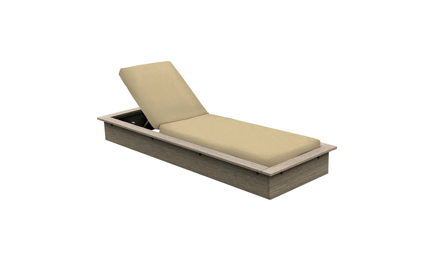 The Echo Chaise by Ledge Lounger is a modern lounger with a rectangular wooden frame and beige cushioned seat. Its adjustable backrest allows various reclining positions, making it perfect for any outdoor space with its simple, minimalist design.
